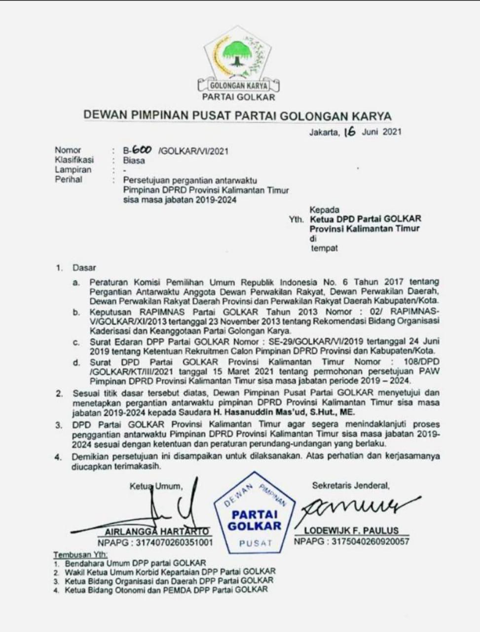 Beredar Surat PAW DPP Golkar Untuk Posisi Ketua DPRD Kaltim