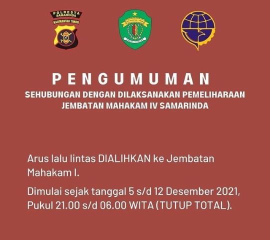 Perawatan, Jembatan Mahakam IV Ditutup Mulai Besok