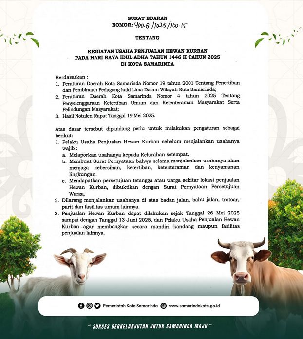 Jelang Idul Adha 1446 H, Wali Kota Samarinda Atur Ketat Penjualan Hewan Kurban Lewat Surat Edaran Baru