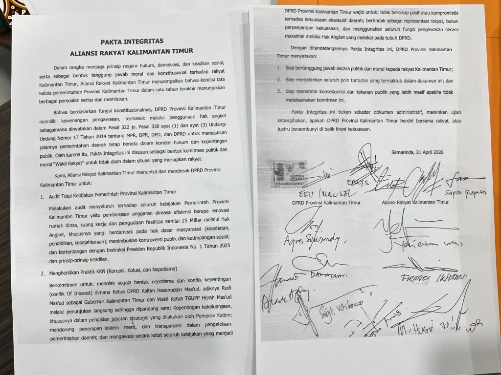 DPRD Kaltim Tak di Tempat, Aliansi Tetap Serahkan Pakta Integritas Hak Angket