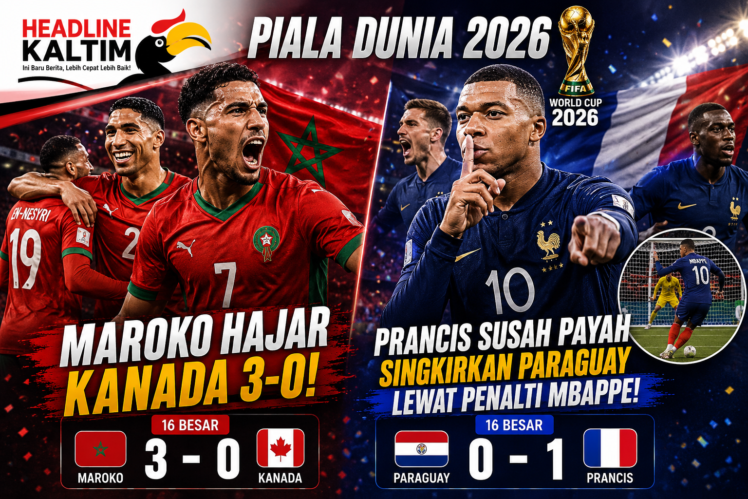 Piala Dunia 2026 Maroko Hajar Kanada 3-0, Prancis Susah Payah Singkirkan Paraguay Lewat Penalti Mbappe